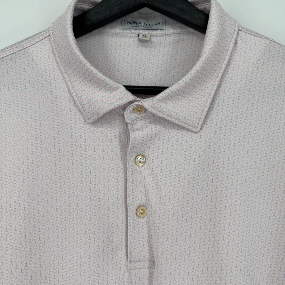 Peter Millar Summer Comfort Mens XL Polo Shirt Pink Martini Pattern Short Sleeve